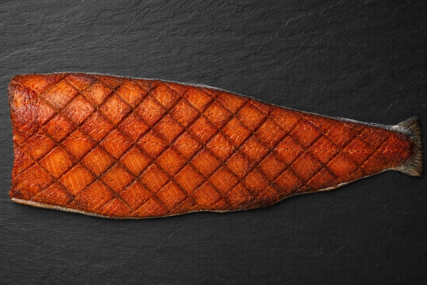 Smoked salmon pastrami cut in a diamond pattern